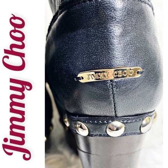 JIMMY CHOO Black Leather Studded Platform Peep Toe Biker Booties, Size 38 - Picture 4 of 8